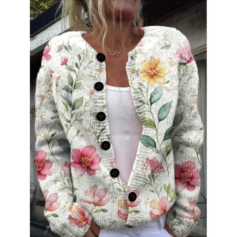 Yellow digital print cardigan coat with 3D pattern effect, shown on a hanger.