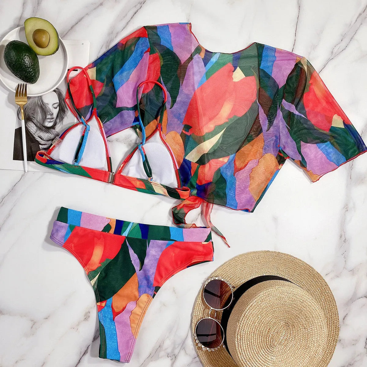 Red women's printed split swimsuit with triangle bikini briefs