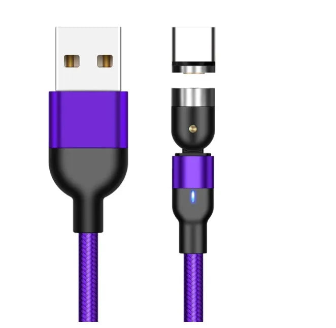 Essager black magnetic USB cable with 360-degree rotating head and blue LED light, shown with Micro USB, Lightning, and Type C tips.