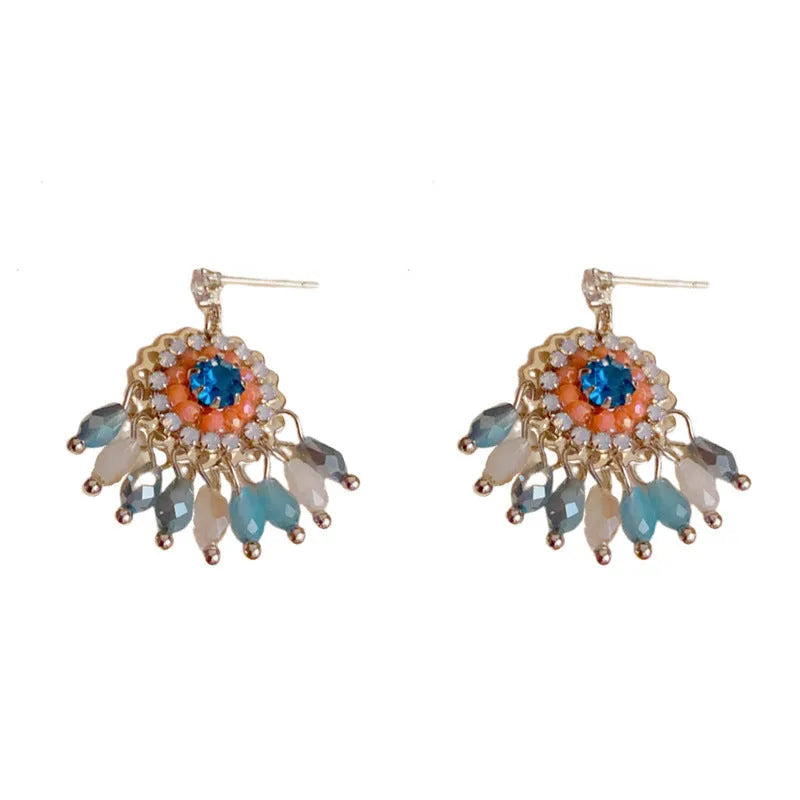 Purple and blue diamond embedded round crystal tassel earrings with thick gold plating