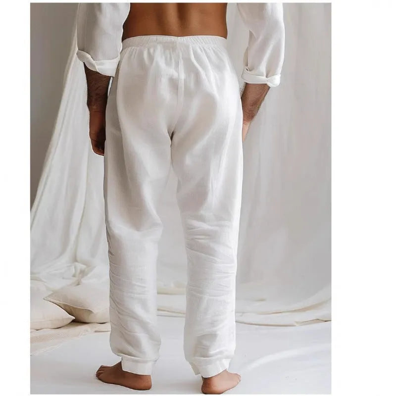 Men's light grey cotton-linen summer trousers with elastic waistband and straight leg design