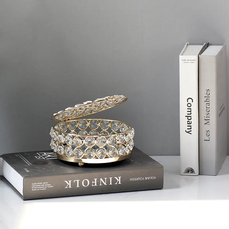 European-style French gold iron jewelry box with a transparent crystal glass lid.