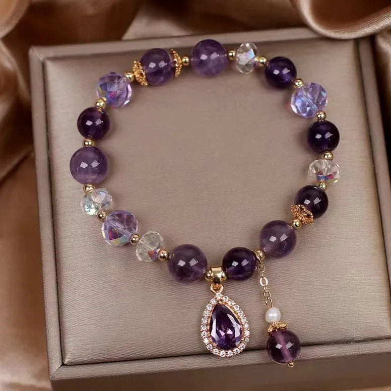 Purple natural amethyst crystal bracelet for women with micro inlay detailing.