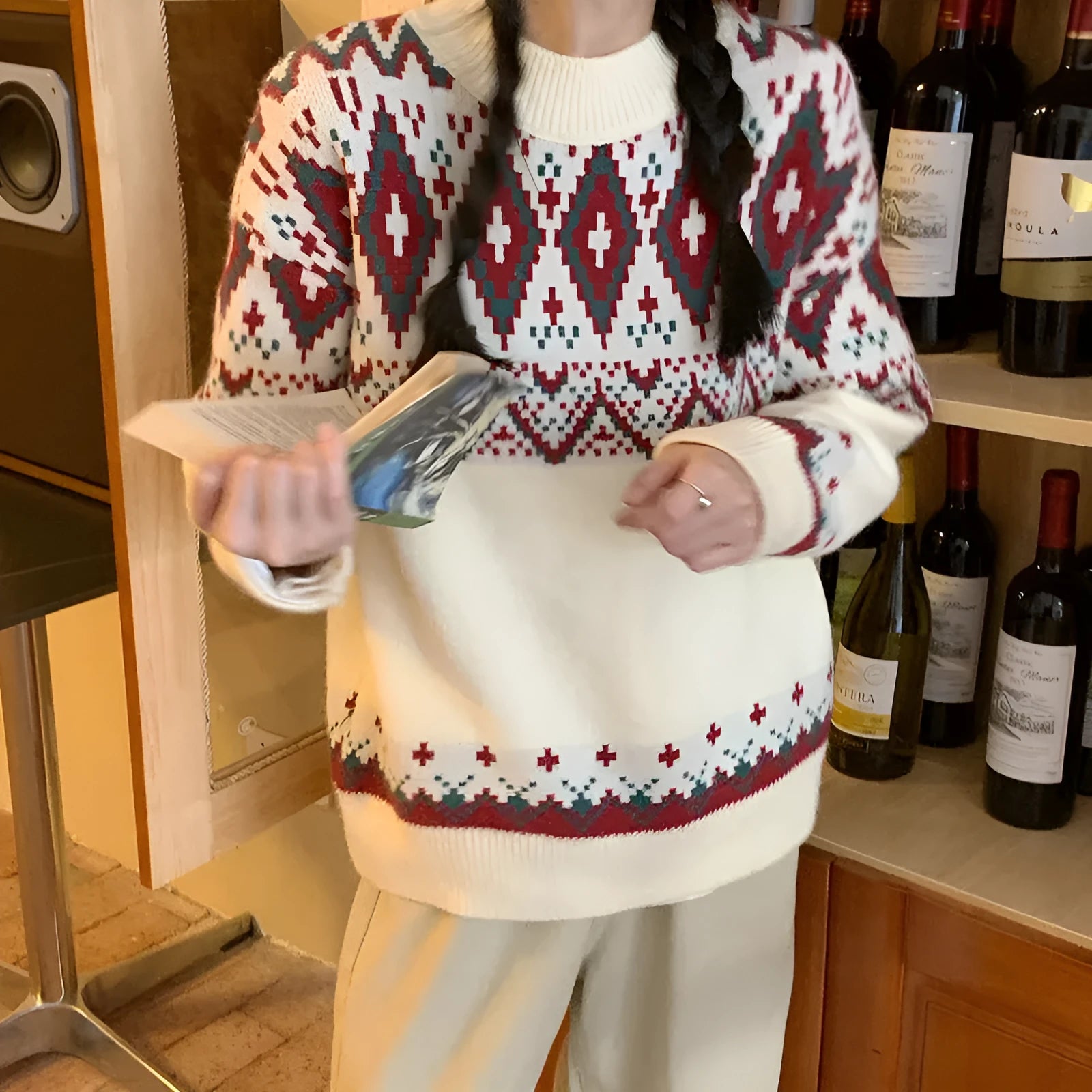 Red and white striped loose fit retro style long sleeve pullover knitted top
