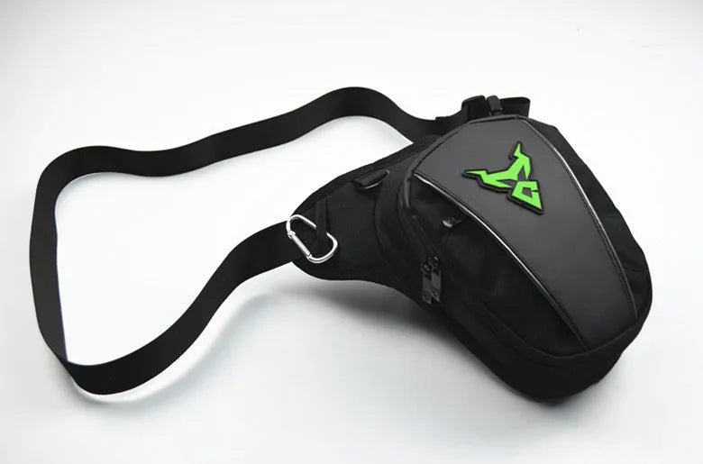 Motorcycle riding leg bag in 1200D Oxford cloth, shown in blue, with crossbody strap.