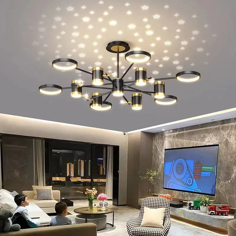 Black iron pendant lamp chandelier with 13-light Nordic star design and remote control