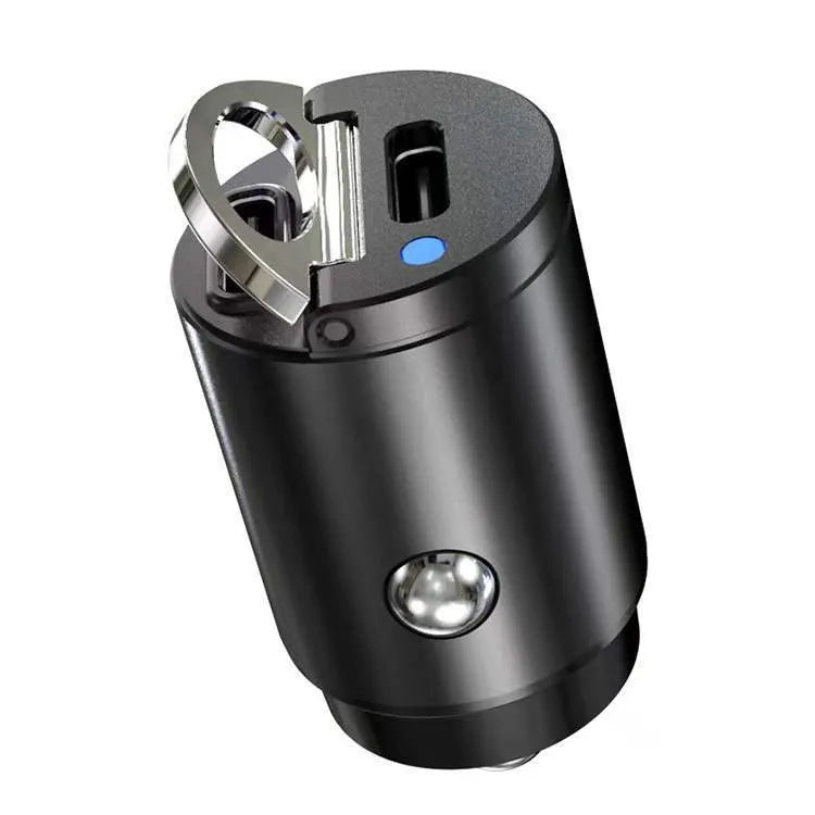 Black mini 30W car cigarette lighter charger with USB-C port for PD and QC fast charging