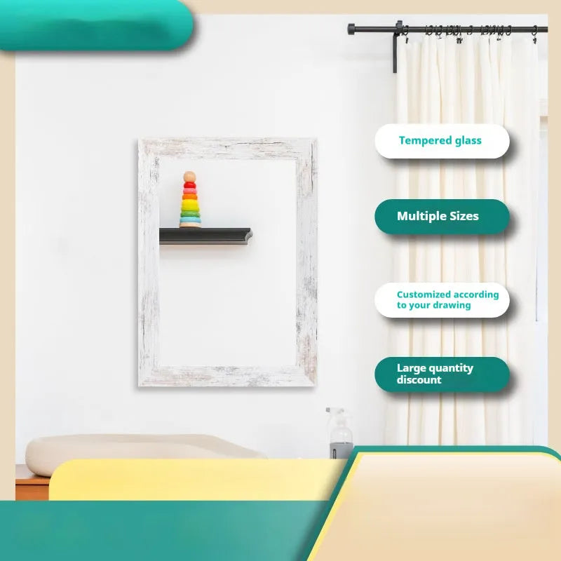 Wall-mounted modern pastoral style bathroom mirror with retro Chinese frame in small old white
