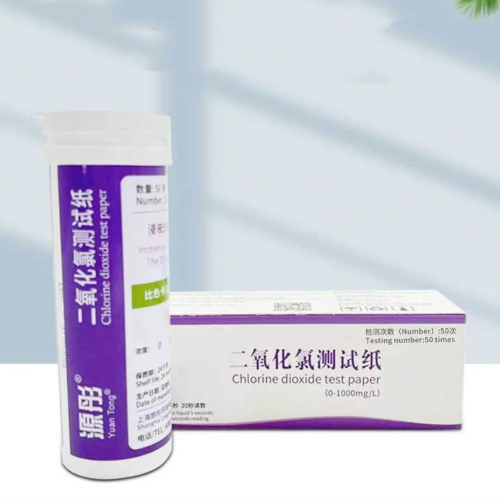 Bottle of 50 chlorine dioxide test strips for waste water detection, range 0-1000mg/L.