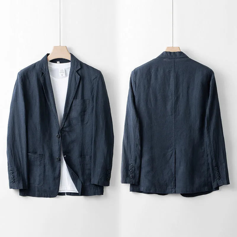 Men's linen suit jacket in casual style with long sleeves and loose fit