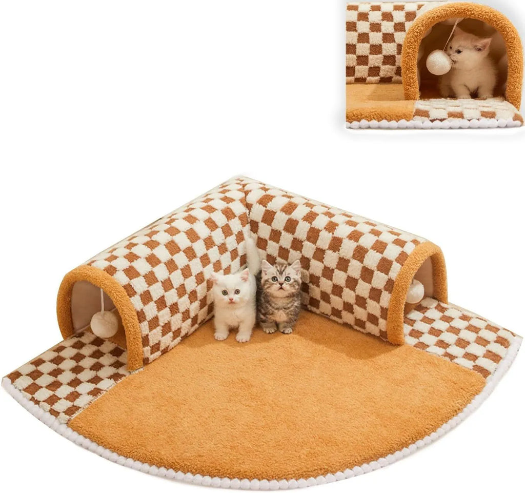 Brown plush plaid cat tunnel bed with central mat showing collapsible tube design