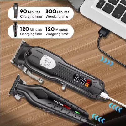 Black professional hair clipper set for men with LED display and aluminium foil shaver