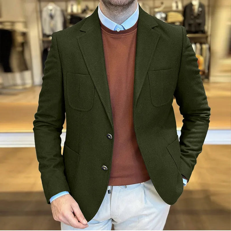 Men's loose fit cotton suit jacket in army green, shown on a hanger.