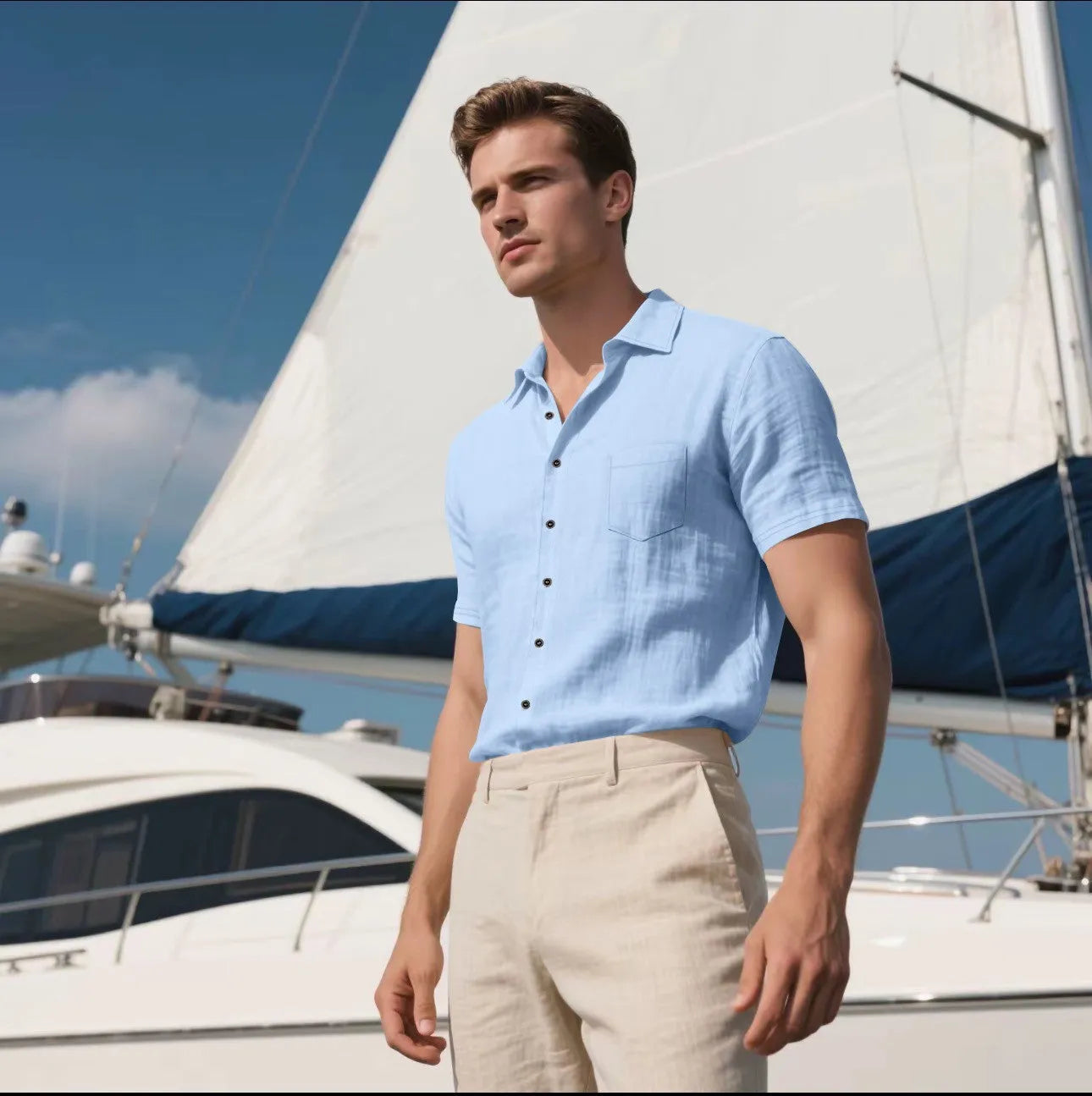 Men's loose fit linen short-sleeved cardigan shirt in a solid colour on a hanger.
