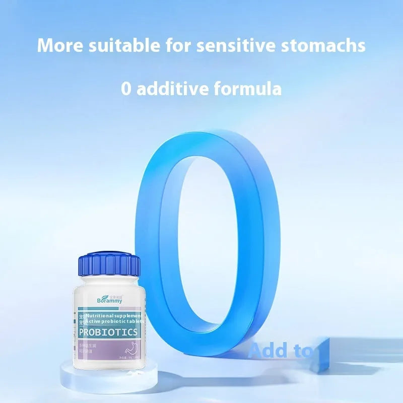 Bottle of 180 pet probiotic tablets for dog and cat digestive health support.