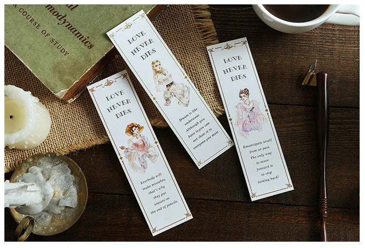 Pack of 30 thick cardboard bookmarks with various designs including Phantom of the Opera, each 40mm by 150mm.