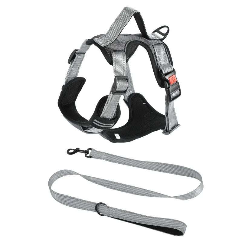 Orange polyester dog chest strap vest harness with an adjustable strap and a matching hand holding rope.