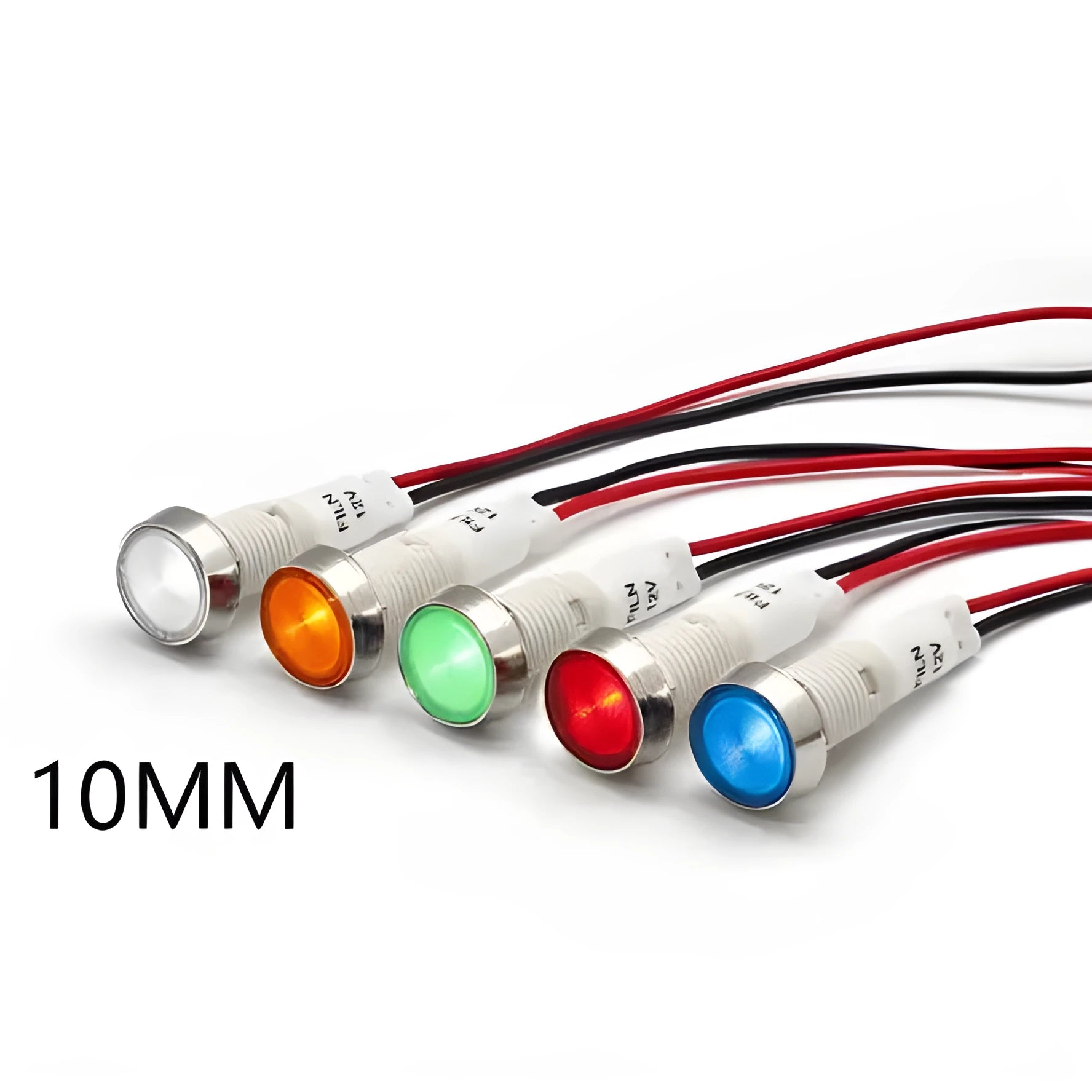 10mm stainless steel edge plastic indicator light with wire, shown in available colours: white, yellow, red, green, blue.