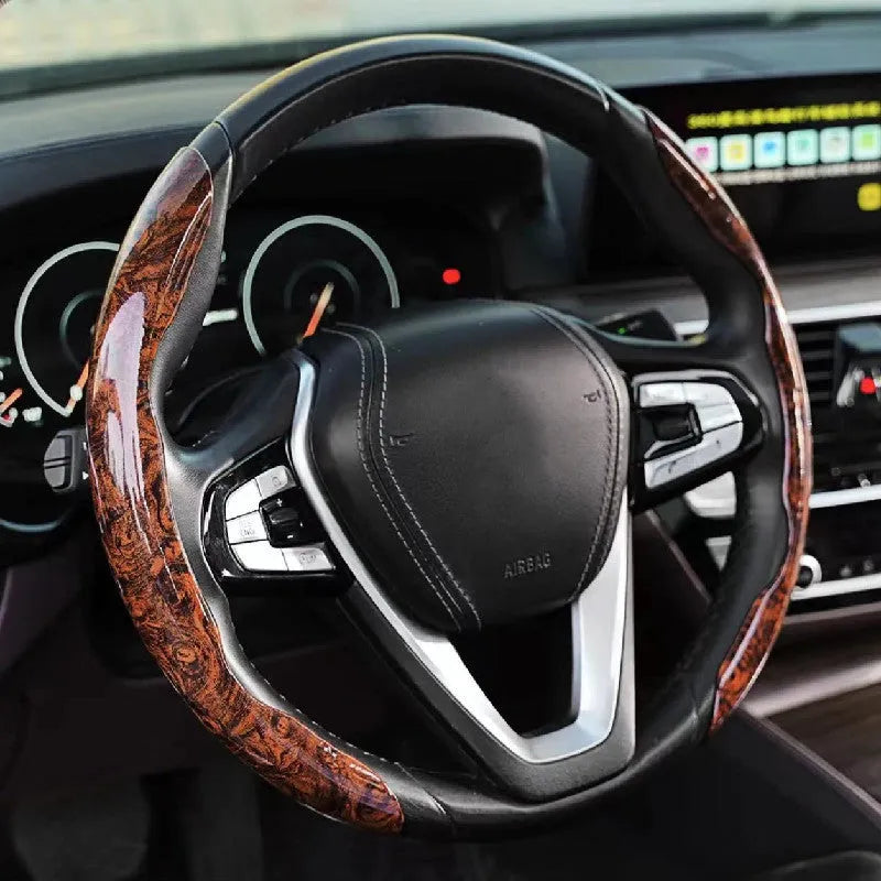 Peach wood grain pattern artificial leather steering wheel sleeve for 38cm diameter wheels.