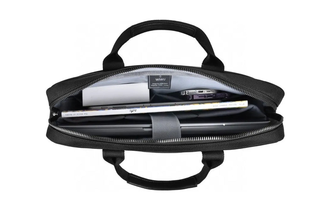 Black Oxford cloth laptop bag showing multiple interior organisational pockets and a security lock.