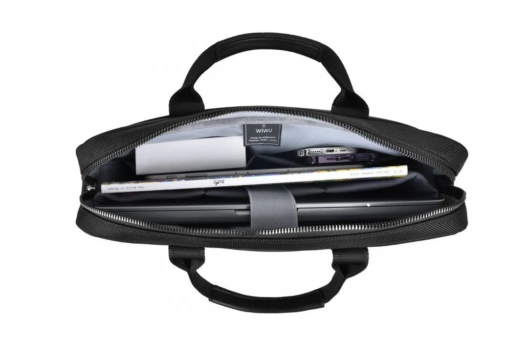 Black Oxford cloth laptop bag showing multiple interior organisational pockets and a security lock.
