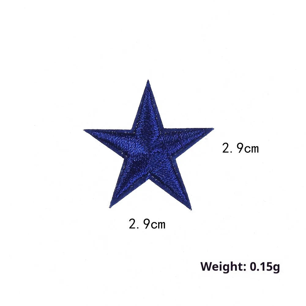 Colourful five-pointed star cloth embroidery stickers for DIY clothing decoration on a fabric background.