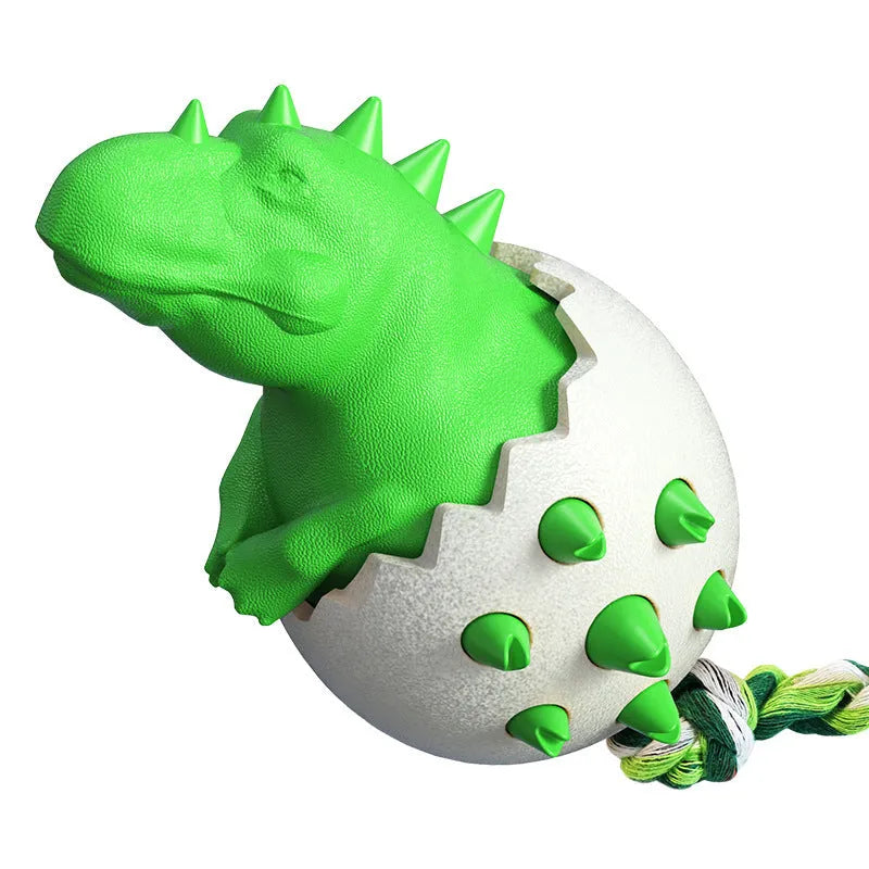 Blue durable rubber dino dog chew toy with attached nylon rope for aggressive chewers.