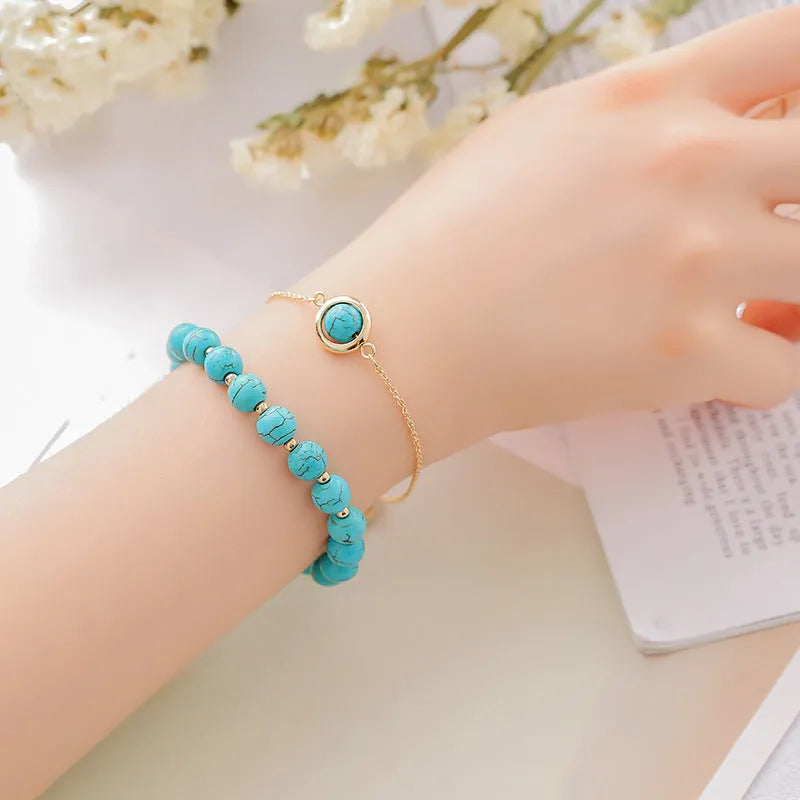 Women's double-layer crystal bracelet with lucky beads and gold electroplating in various natural stone colours