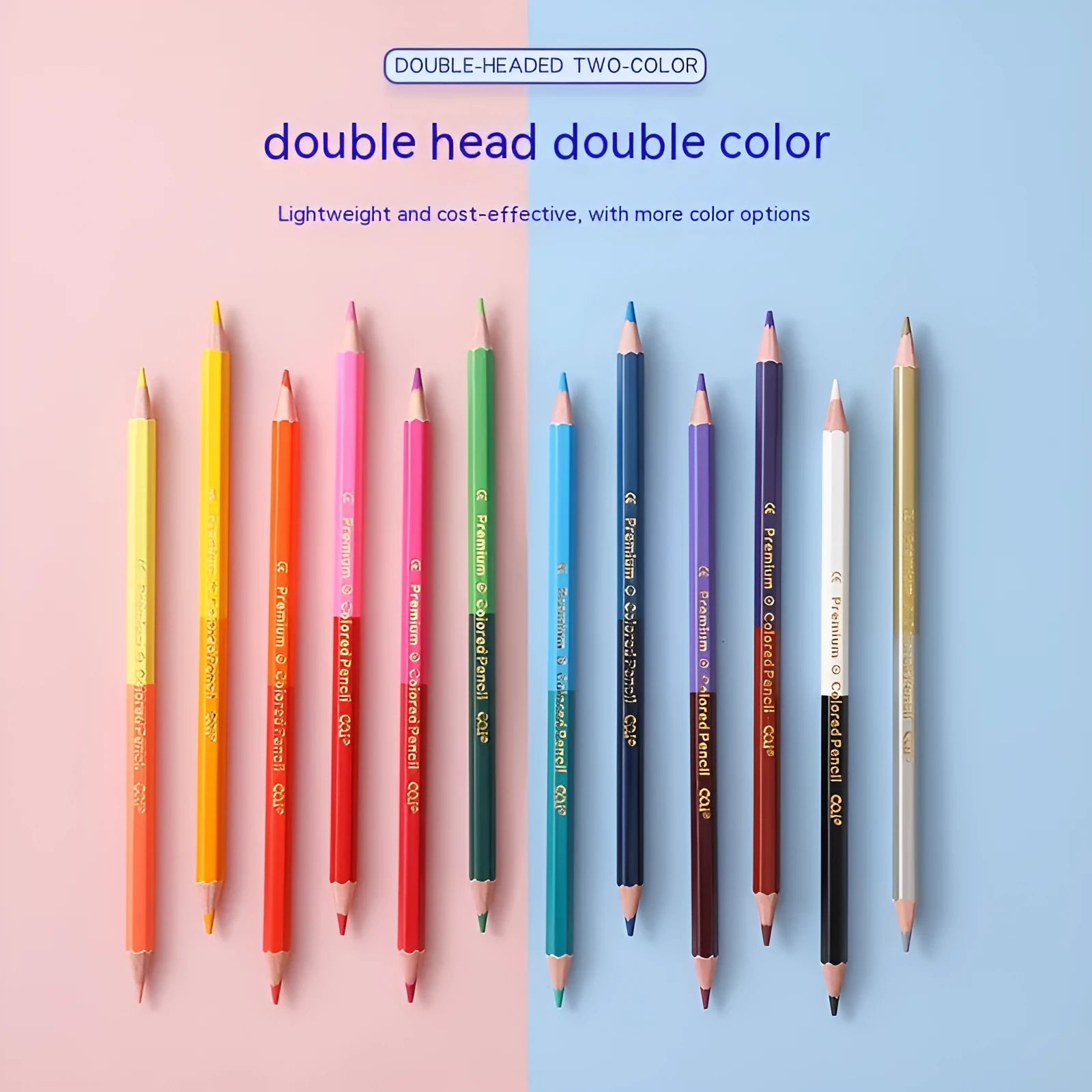 Wooden colouring pencils with double-headed colour lead in student art set packaging