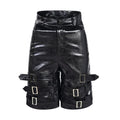 Black men's leather-look casual cropped shorts with ring details on a low-rise waist.