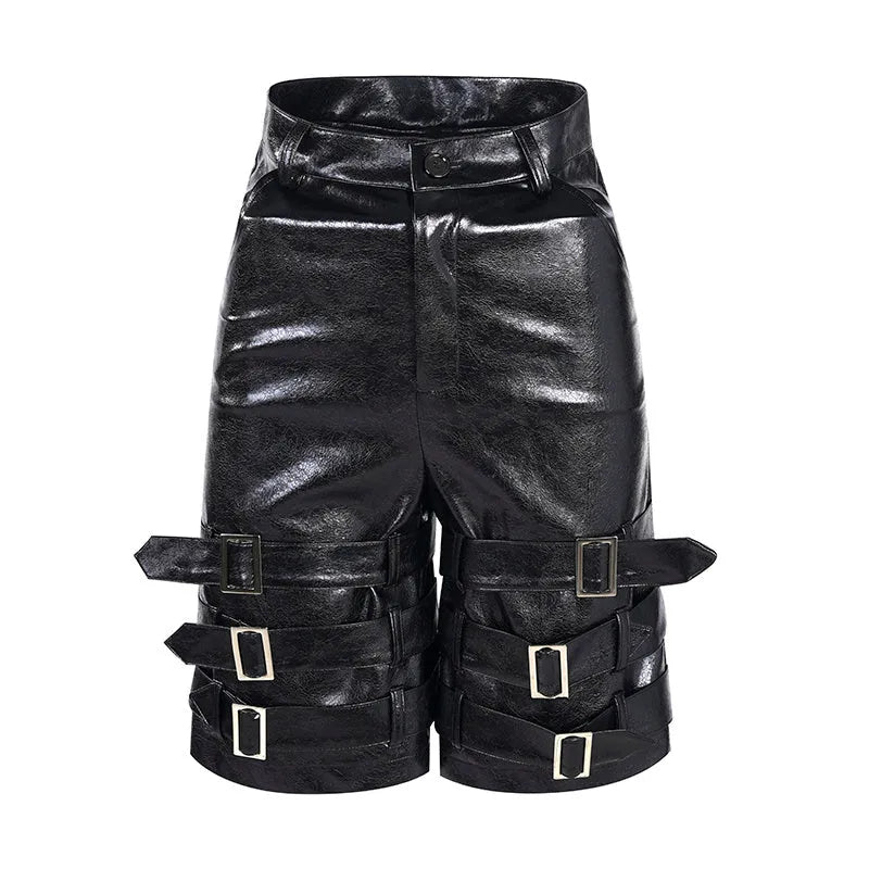 Black men's leather-look casual cropped shorts with ring details on a low-rise waist.