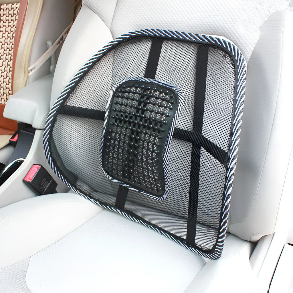 Black car lumbar support pillow with polypropylene leather and steel wire frame measuring 41x39cm