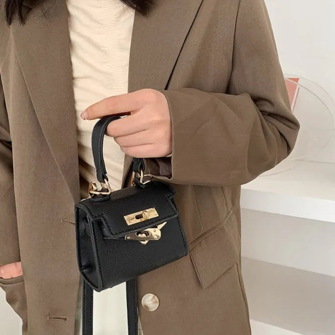 Mini one shoulder crossbody handbag, PU small square bag with lock closure, solid colour, front view