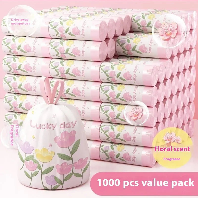 Pink drawstring garbage bags with argy wormwood, size 44cm x 48cm, in a pack.