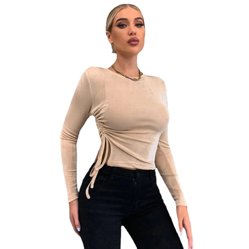 Khaki slim-fit round-neck long-sleeve glossy knit polyester top for women