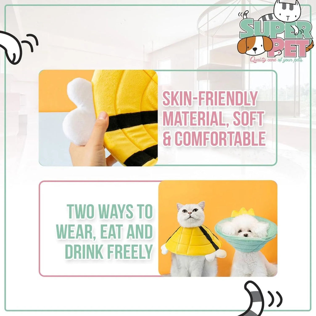 Soft bee-design cat cone collar with Velcro closure in adjustable sizes