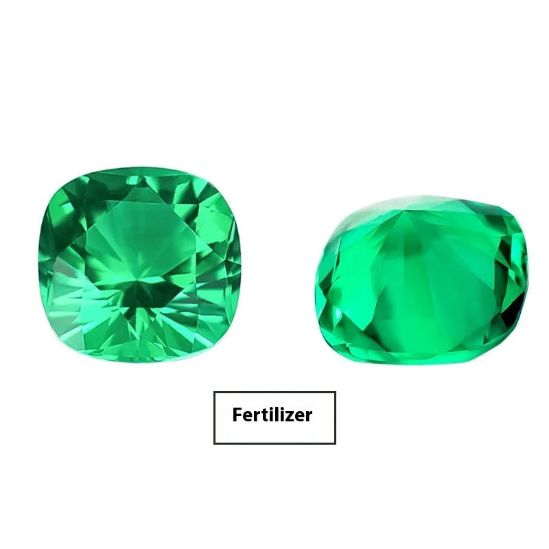 Cultivated emerald gemstones in Columbia green treasure colour showing round and princess cut sizes