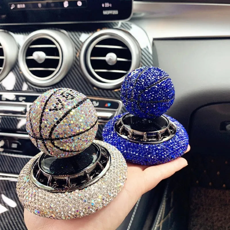Solar car perfume ornament with rotating rhinestone basketball design, metal and ABS base, 8cm, red white blue options