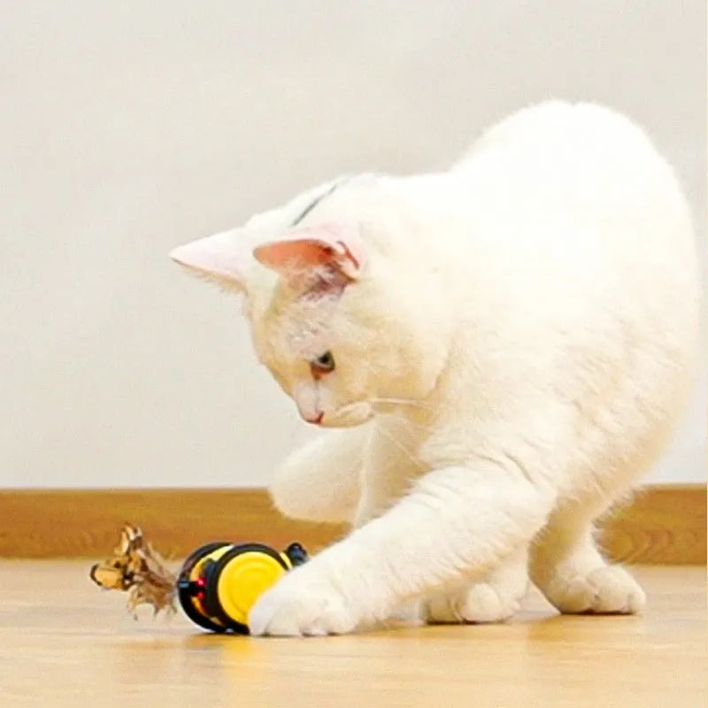 Electric bee-shaped cat toy with moving feather teaser in pink or yellow colours