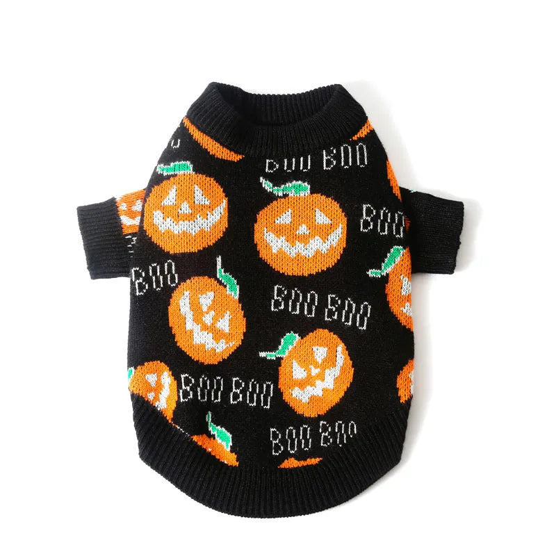 Black dog sweater with orange pumpkin pattern for Halloween pet costume