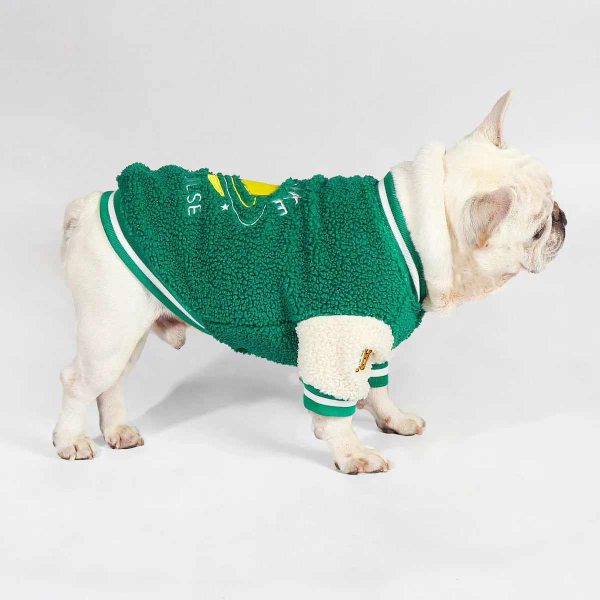 Green fleece-lined cotton dog winter coat showing front view on mannequin