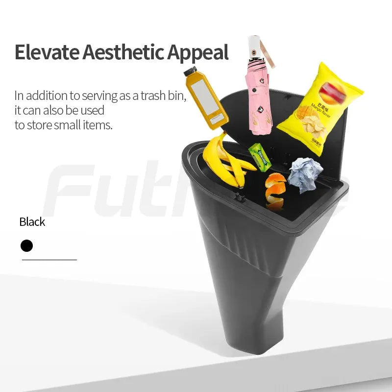 Two black ABS plastic storage and trash can bins designed for the front door panels of a Tesla Model Y.