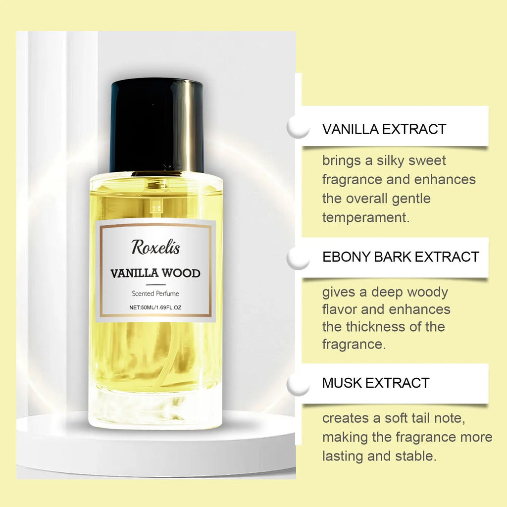 50ml eau de toilette perfume spray bottle with vanilla, ebony bark, and musk extracts