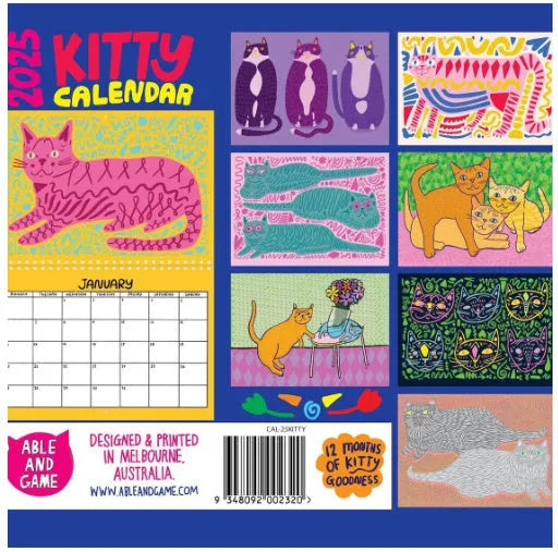 A3 landscape paper wall calendar with cat illustrations for 2024 or 2025
