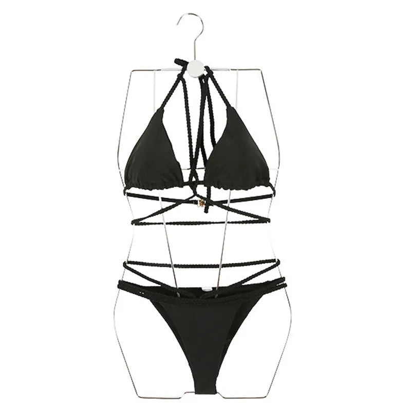 Nylon bikini swimsuit in black or red colours for swimming and wading activities.