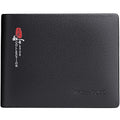 Men's slim leather wallet showing anti-theft card slot and letter pattern detail