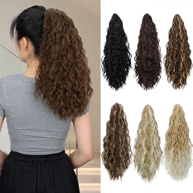Corn curl synthetic ponytail wig with water ripple grip attachment in multiple colour options