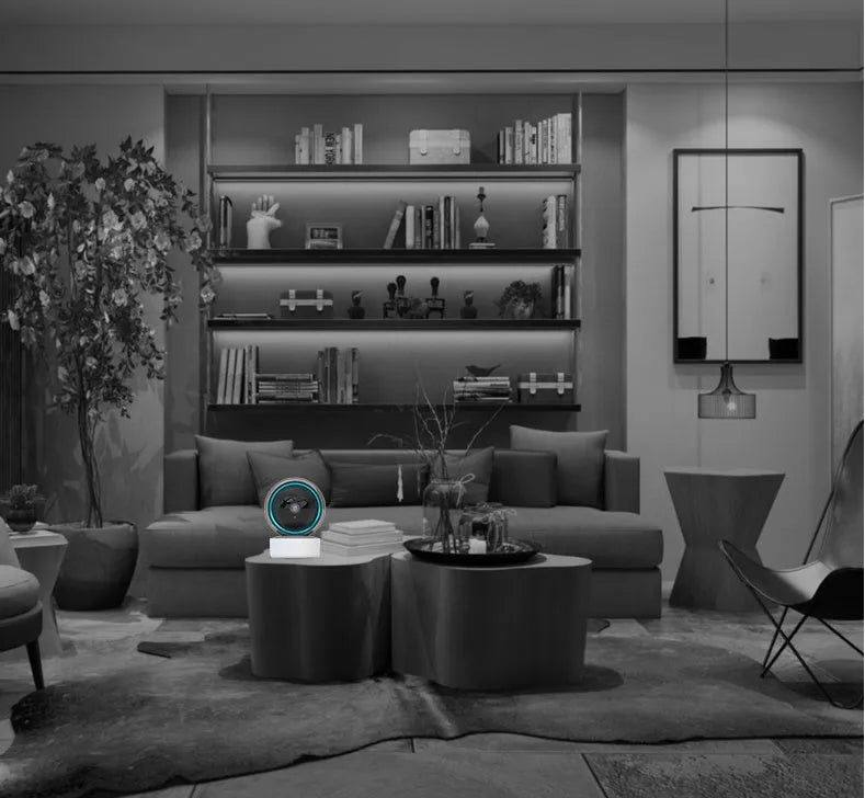 White indoor WiFi security camera with 360-degree rotation on stand showing 2MP resolution and optional memory card storage