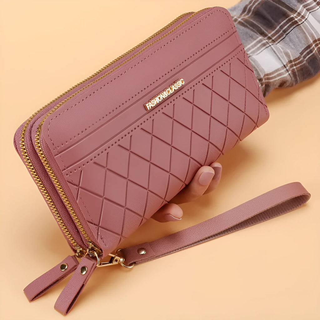 Women's long double zipper wallet in PU leather with multiple card slots – 19cm length, 10.5cm width