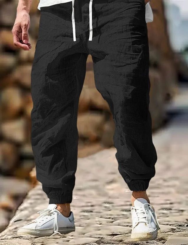 Men's straight-leg cotton linen trousers with elastic waistband in army green colour